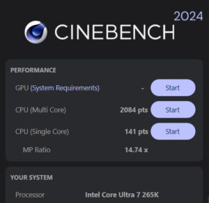 Cinebench Test für die Ultra 7 265k CPU